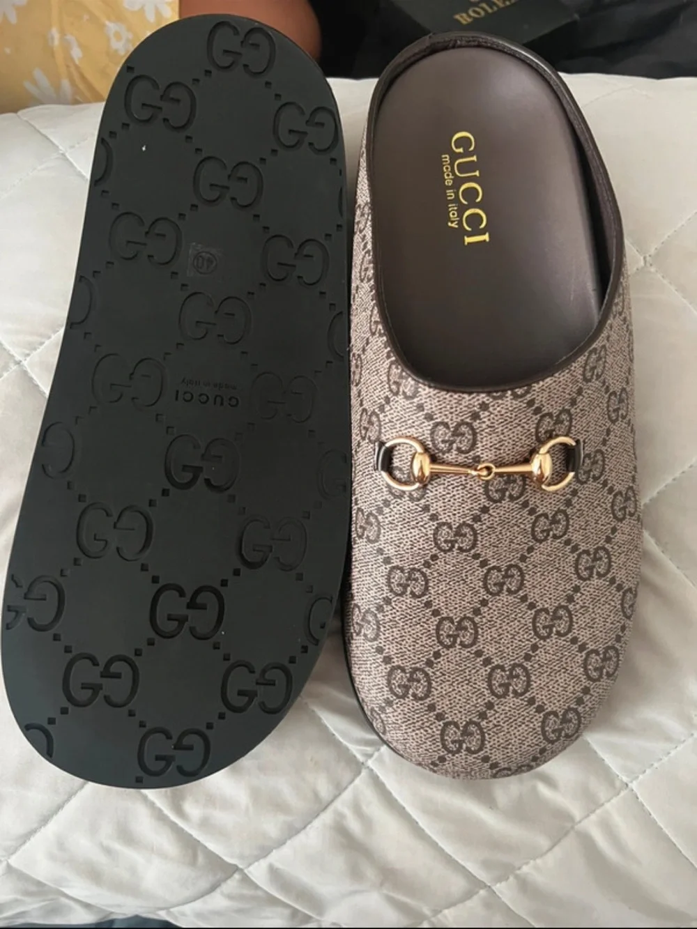 Gucci Beige/Brown GG Canvas Horsebit Slip-On Mule